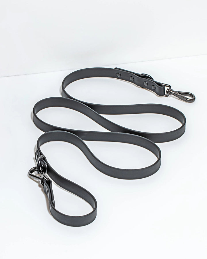 Black leather dog leash with metal clip on a white background