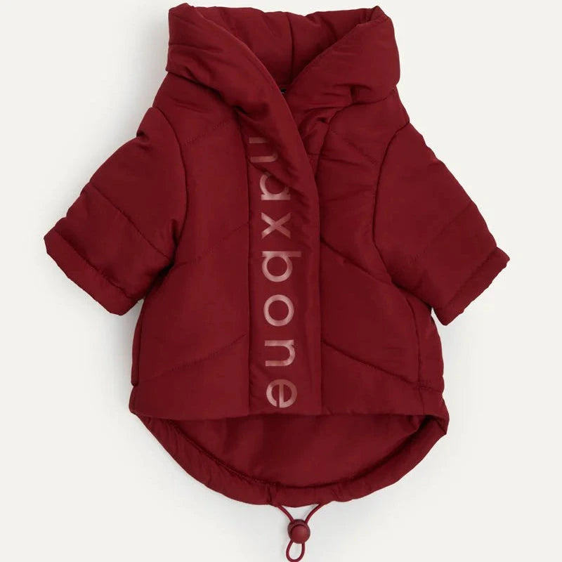 Berry wrap dog puffer jacket with 'Maxbone' on the front